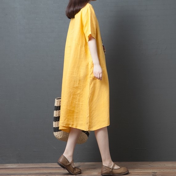 Đầm suông Linen nữ trơn form rộng ngắn tay, có túi hông Đũi Việt