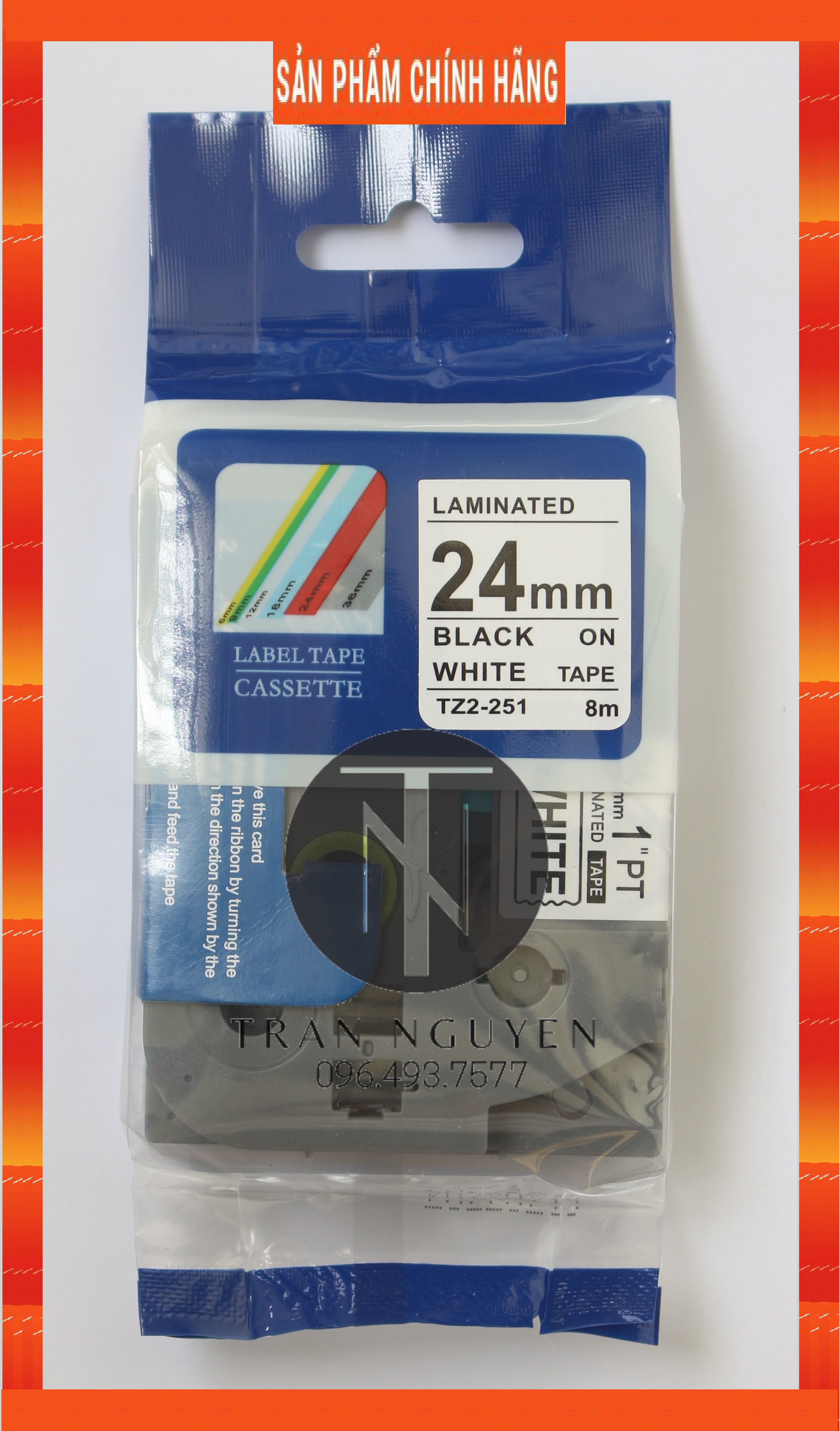 [Combo 3 hộp] Nhãn In đa lớp Tz2-251 - Đen nền trắng 24mm x 8m - Hàng nhập khẩu