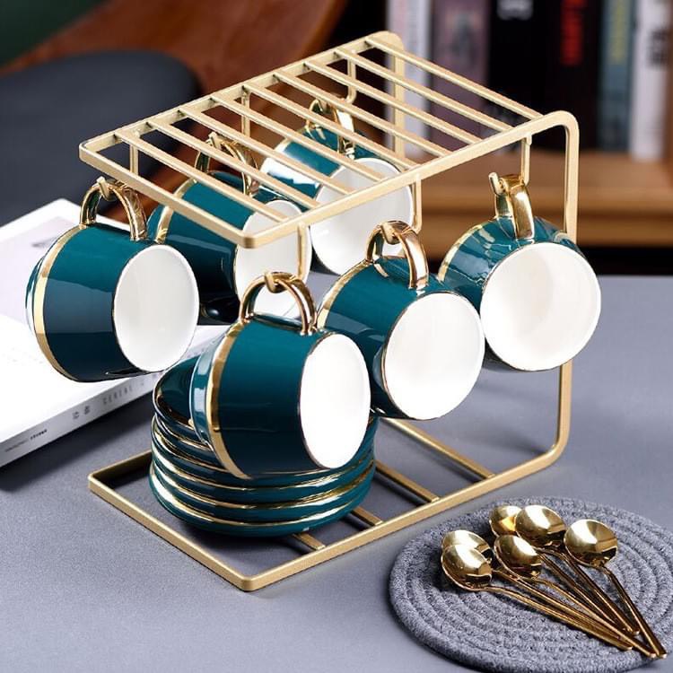 BỘ BÌNH TRÀ,CÀ PHÊ SỨ TEA SET XANH CỔ VỊT VIỀN VÀNG KÈM 6 ĐĨA, GIÁ TREO ỐC VÀ 6 THÌA VÀNG SANG TRỌNG PHONG CÁCH ÂU - ANTH 275