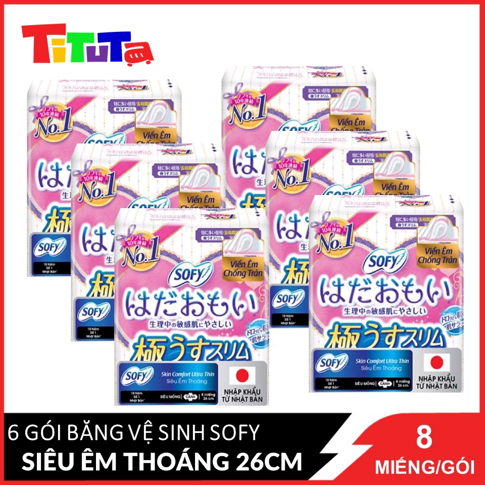 Combo 6 Băng Vệ Sinh Sofy Skin Comfort Ultra Thin 26cm Siêu Êm Thoáng Siêu Mỏng Cánh 8 Miếngx6