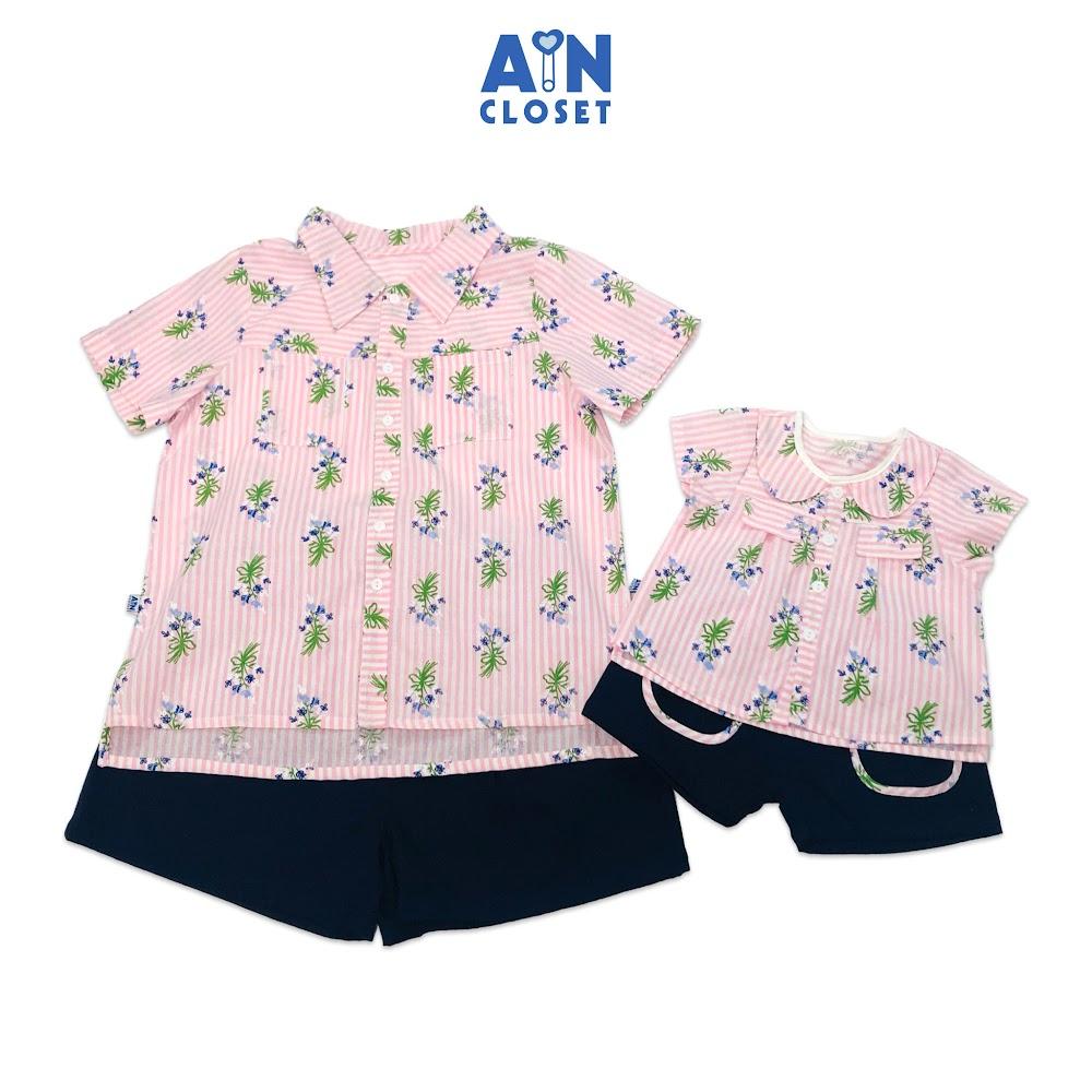 Bộ quần áo ngắn cho mẹ họa tiết Kẻ hồng hoa tím quần xanh cotton - AICDMEVXZLOF - AIN Closet