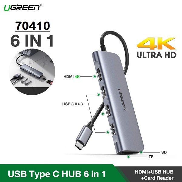 70410 Bộ chuyển đổi 6 trong 1 USB typeC sang HDMI 4K30HZ, 3 USB 3.0, đọc thẻ SD, TF Ugreen - hàng chính hãng