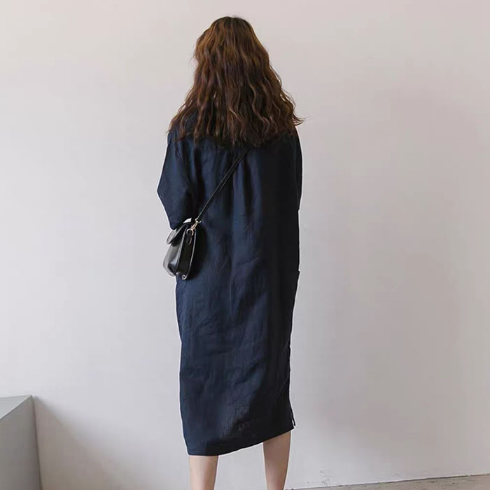 Đầm suông linen cổ đức form rộng 2 túi ốp sườn trẻ trung, thời trang phong cách trẻ - Xanh than