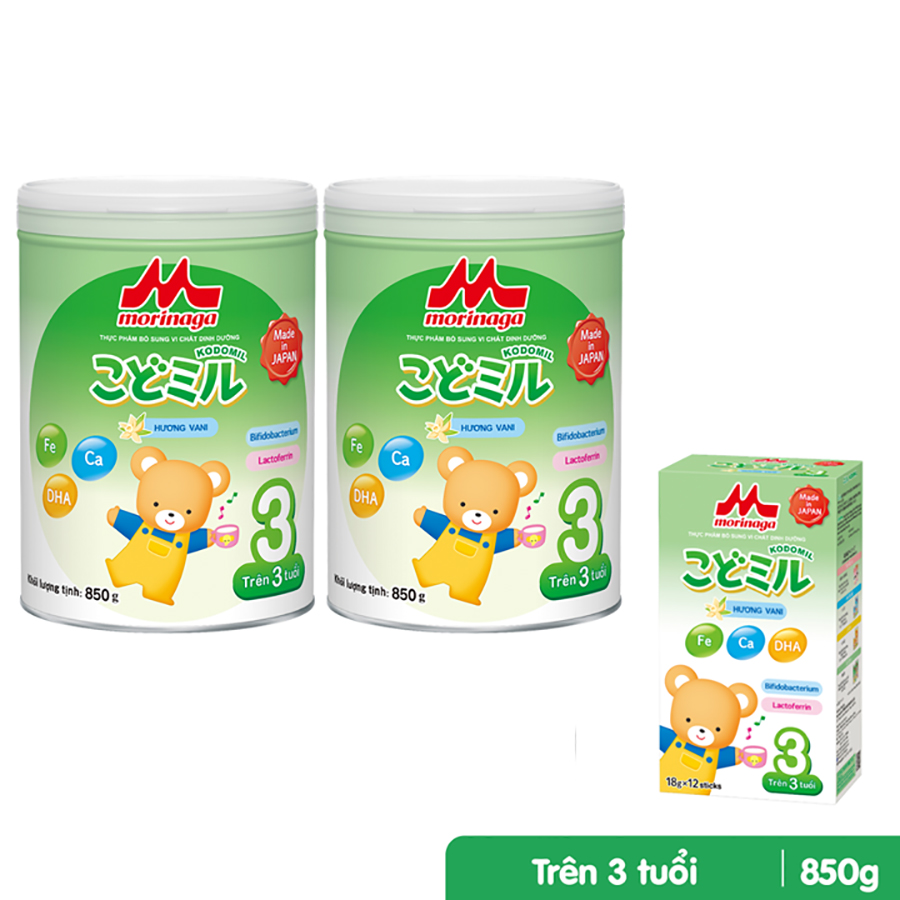 Combo 2 lon Sữa Morinaga số 3 Hương Vani (Kodomil) 850g + 1 Hộp Morinaga Hương Vani (Kodomil) 216gr (Trên 3 tuổi)