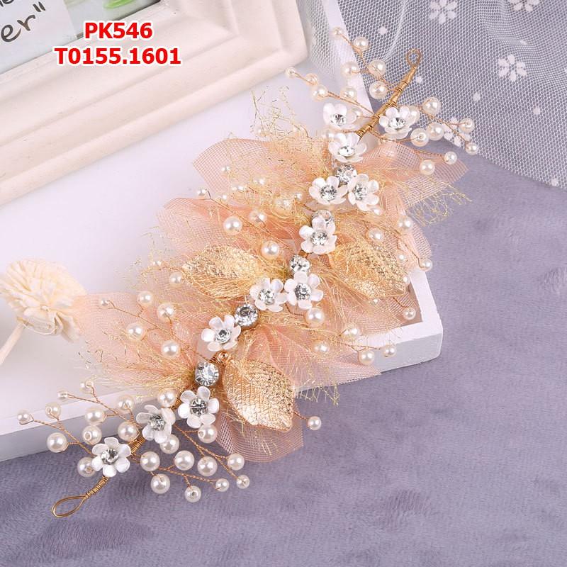 Ốp cài tóc cô dâu voan đính hạt trai và lưới