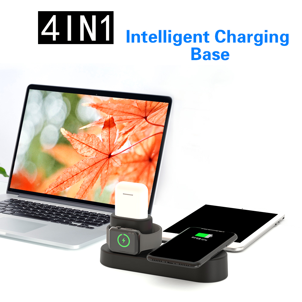 Trạm sạc không dây 4 trong 1 Giá đỡ điện thoại Qi Fast Wireless Charger Base for i-Phone 8 / X / i-Watch US-Plug