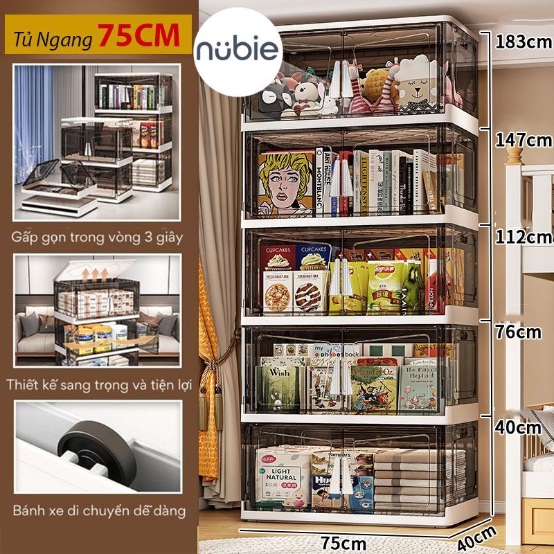 Tủ Đựng Đồ Gấp Gọn Nubie Tay Cầm Tam Giác 4/5 Tầng, Thùng Đựng Đồ Lắp Ghép Cao Cấp, Kèm Bánh Xe Xoay 360 Độ