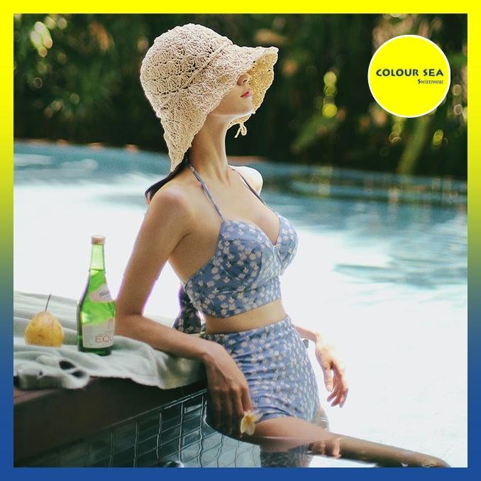 Bikini 2 mảnh đi biển họa tiết hoa lá xanh biển có video