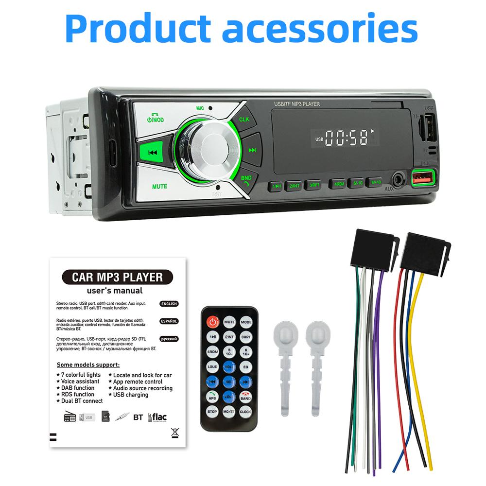 Car MP3 Player BT Stereo Receiver FM Radio Hands-Free Calling U-Disk/TF Card/Aux-in Player Support APP to Find Car/Voice Assistant/Audio Recording with Remote Controller Colorful Light
