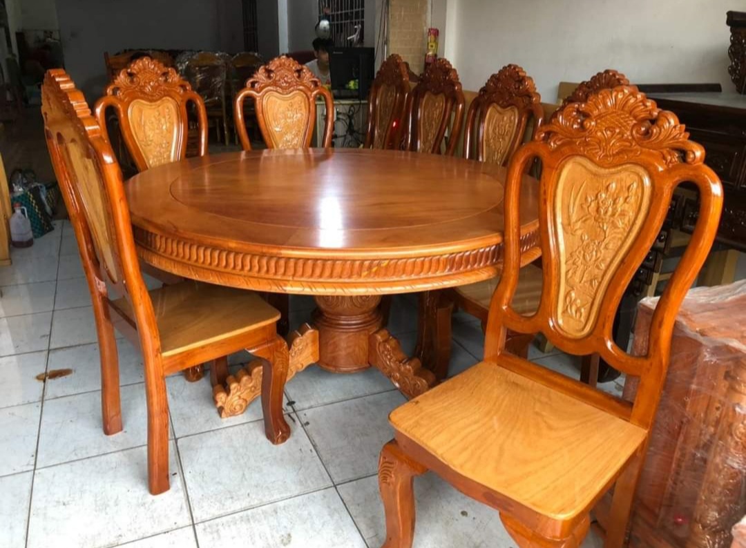 Bộ bàn ăn tròn 8 ghế gỗ gỗ đỏ siêu đẹp