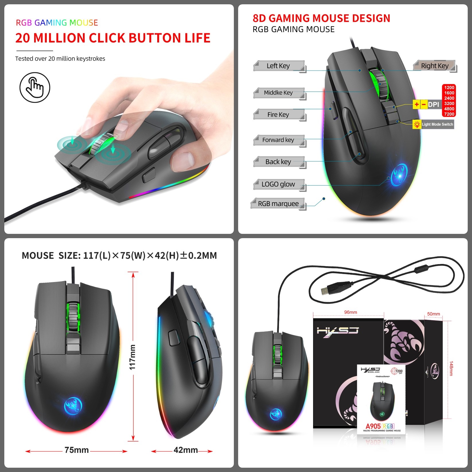 Chuột LED RGB 7200 DPI Gaming Mouse macro HXSJ A905 - hàng nhập khẩu