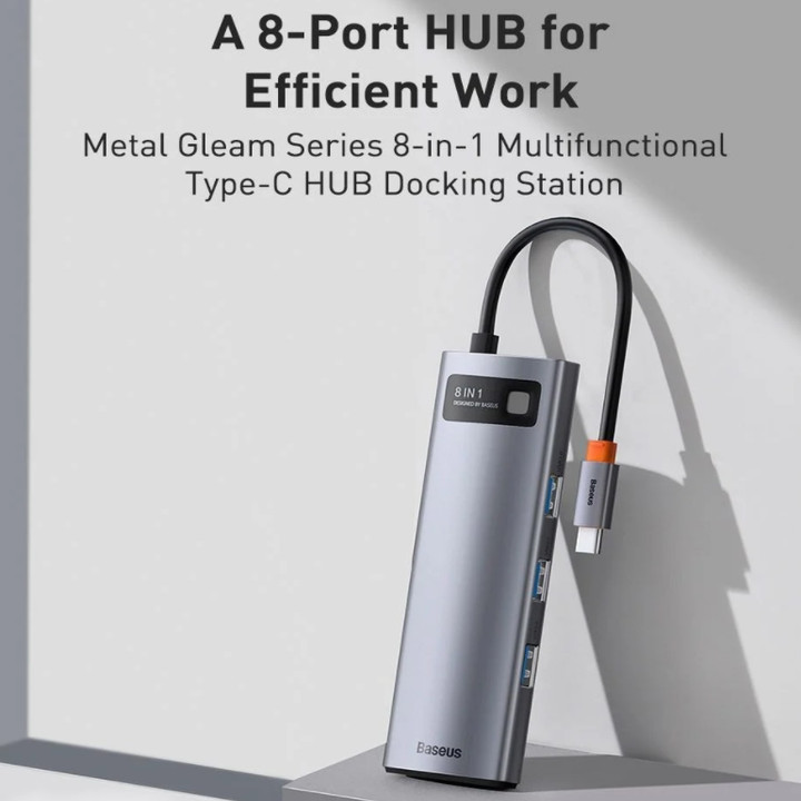 Hub chuyển đổi đa năng 8 trong 1 Baseus CAHUB-CV0G ( Type-C to HDMI/ USB3.0/ LAN / SD Card Reader/ Type C PD 100W, Multifunctional HUB) - HÀNG NHẬP KHẨU