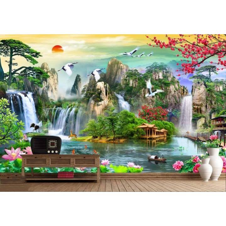 Tranh dán tường 3D sơn thủy hữu tình - vải lụa phủ kim sa