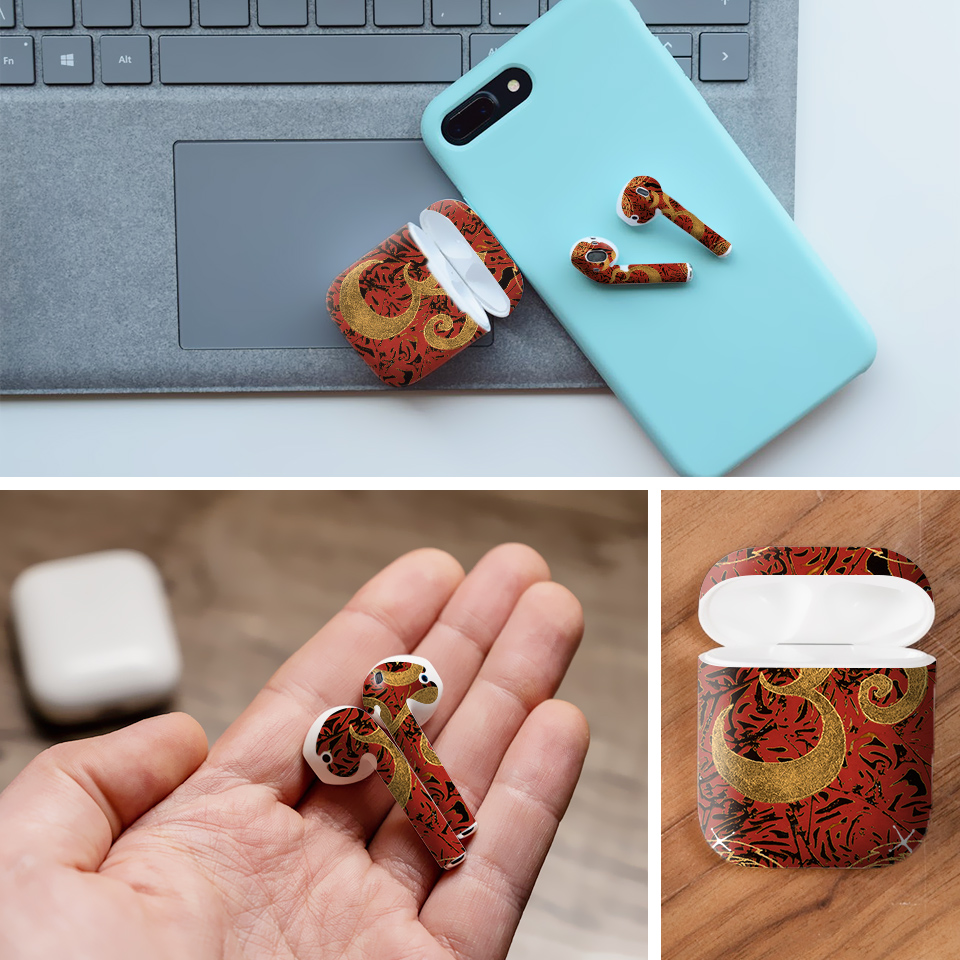 Miếng dán skin chống bẩn cho tai nghe AirPods in hình Biểu Tượng Om Vàng - lsm005 (bản không dây 1 và 2)