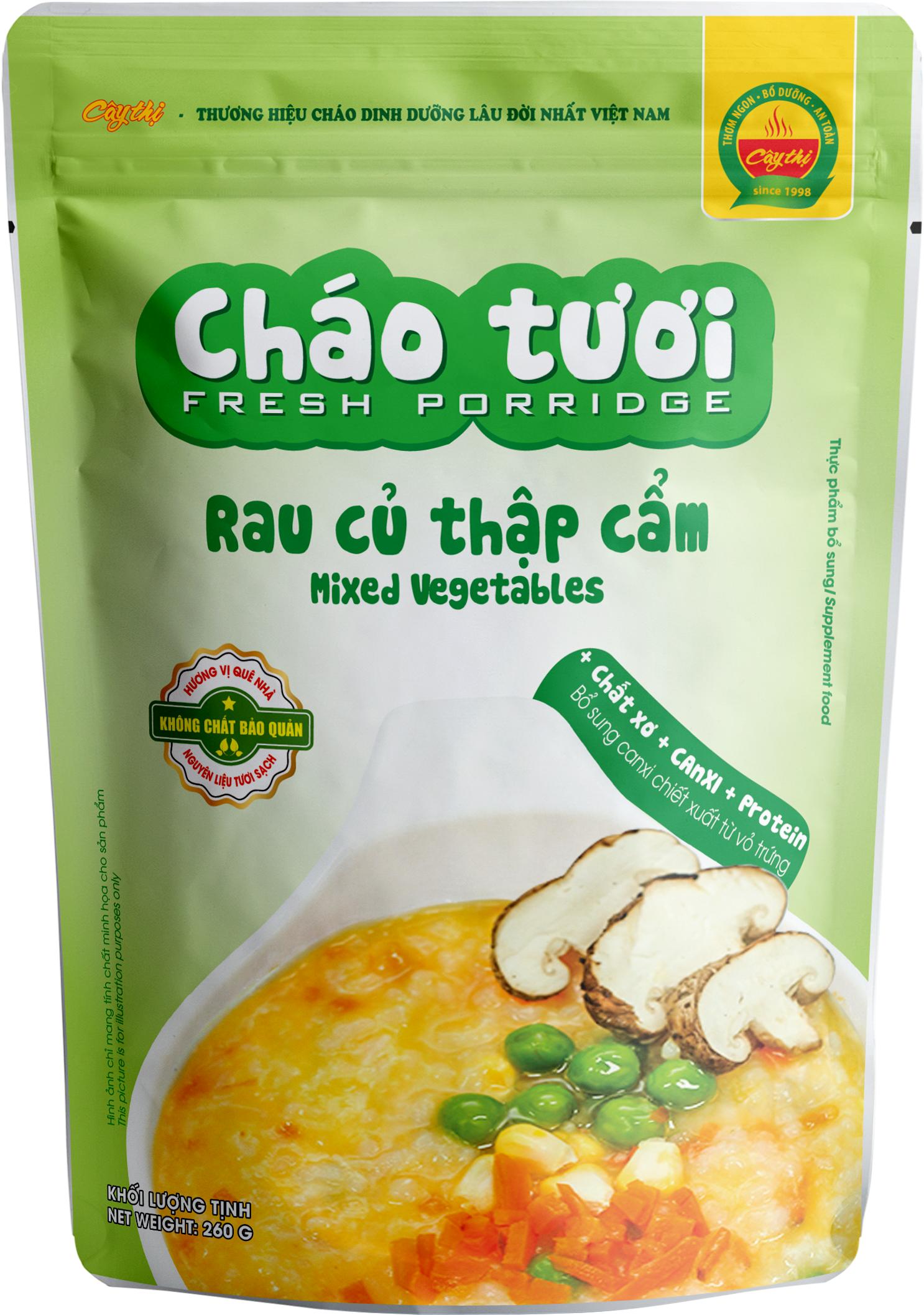 Combo 10 Gói Cháo Tươi Cây Thị: 2 Gà Ác Đậu Xanh, 2 Thịt Bò, 2 Thịt Heo, 1 Cá Hồi, 1 Cá Lóc, 1 Lươn Đậu Xanh, 1 Rau Củ