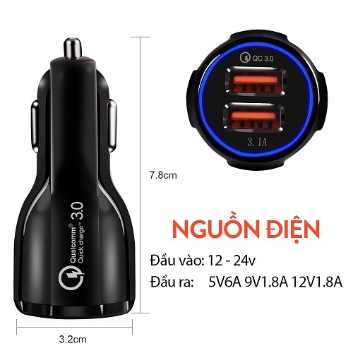 Tẩu Sạc nhanh 2 Cổng USB Dùng Cho Ô Tô