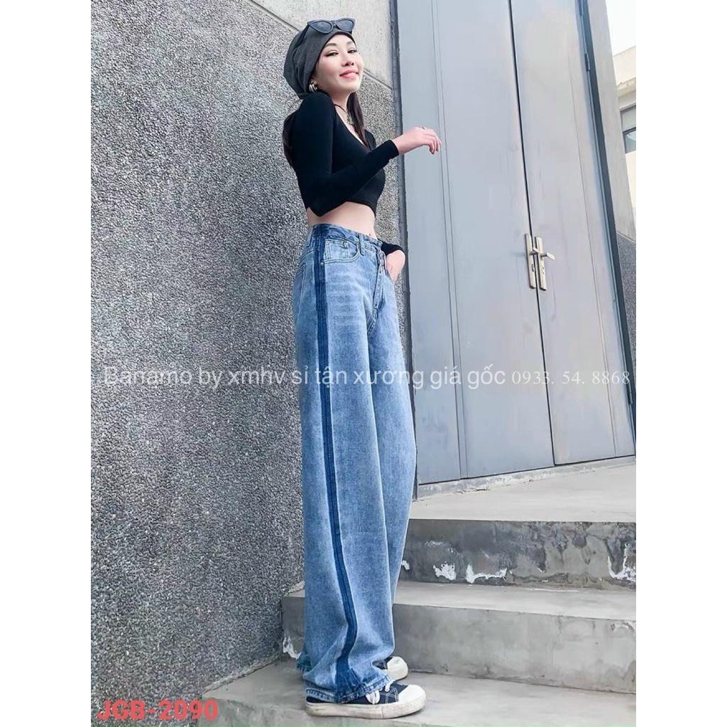 Quần JEANS nữ ống rộng lưng cao rách đùi cá tính thời trang Banamo Fashion 968