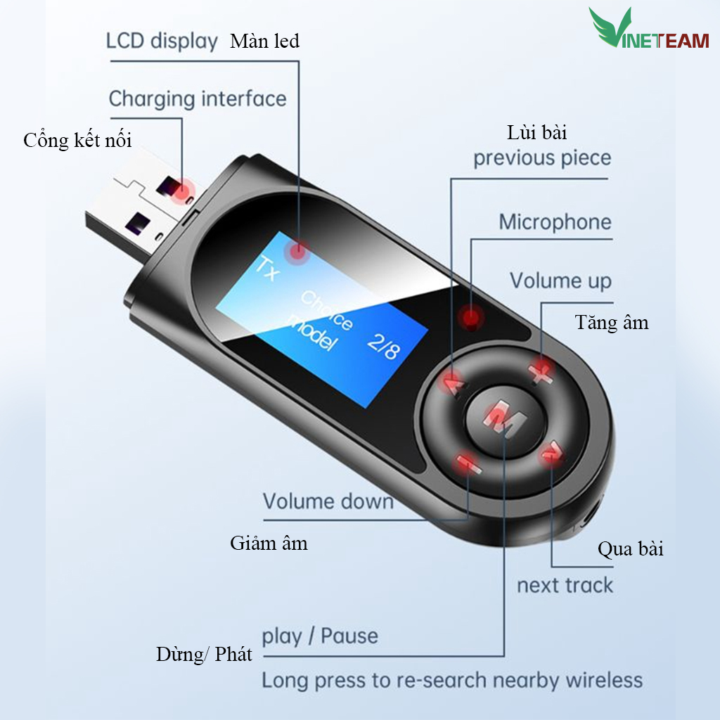 Thiết bị thu phát nhạc không dây VINETTEAM T13 Bluetooth 5.0 với màn hình hiển thị LCD 3.5mm AUX - hàng chính hãng