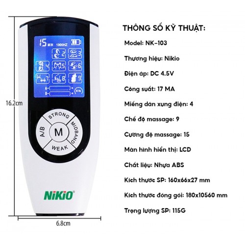 Máy Massage Xung Điện Nikio NK-103 - 2 Kênh Matxa Độc Lập , 4 Miếng Dán Mát Xa Toàn Thân, 9 Chế Độ, 15 Cường Độ Tùy Chỉnh, Pin Sạc Tiện Lợi