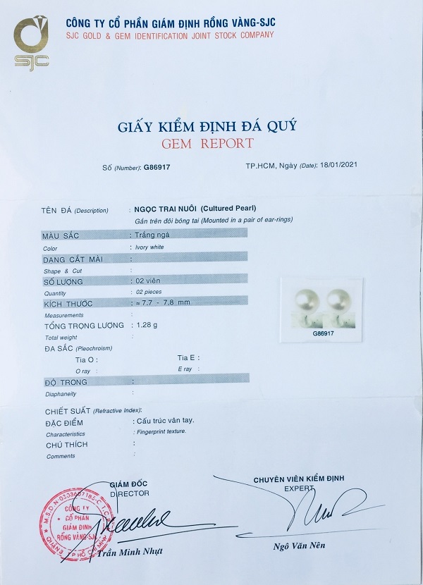 Bộ trang sức Ngọc trai tự nhiên, kèm GIẤY KIỂM ĐỊNH SẢN PHẨM MẪU TẠI SJC LAB, Cỡ hạt 8li, bao gồm Vòng Cổ + Lắc tay + Hoa tai + Hộp lót gấm