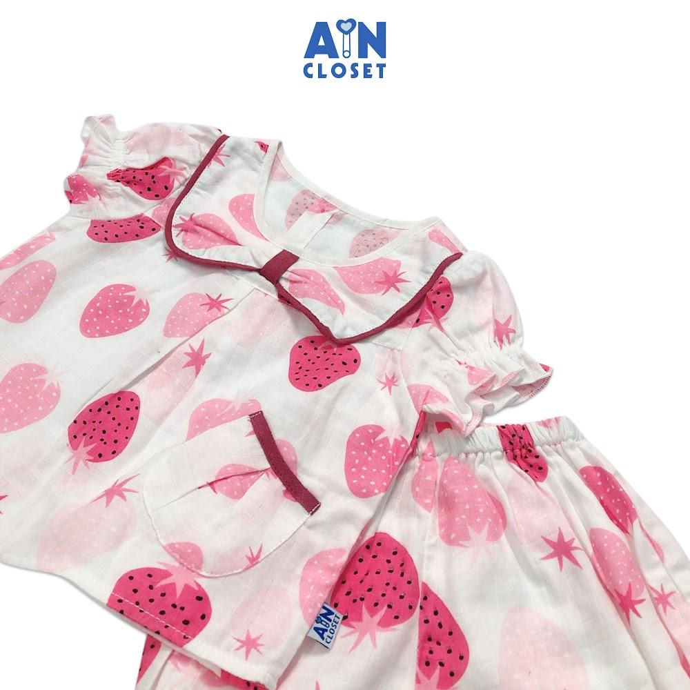 Bộ quần áo ngắn bé gái họa tiết Dâu hồng nơ xô sợi tre - AICDBGYHCPYZ - AIN Closet