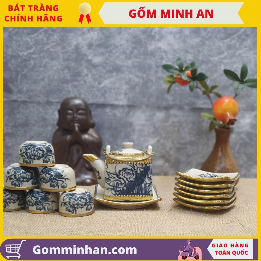 Bộ ấm trà giả cổ Gốm sứ Bát Tràng dáng ấm vuông bọc đồng vẽ hoa sen- Gốm Minh An- Ấm trà đẹp