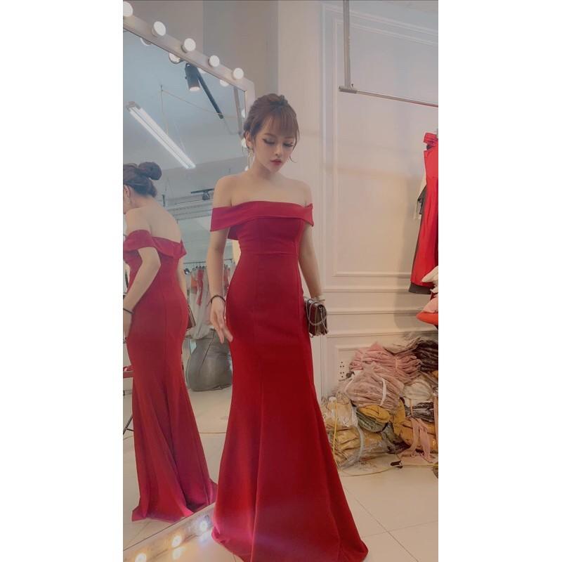 Đầm váy nữ Monoco đỏ maxi body bẹt vai sang chảnh
