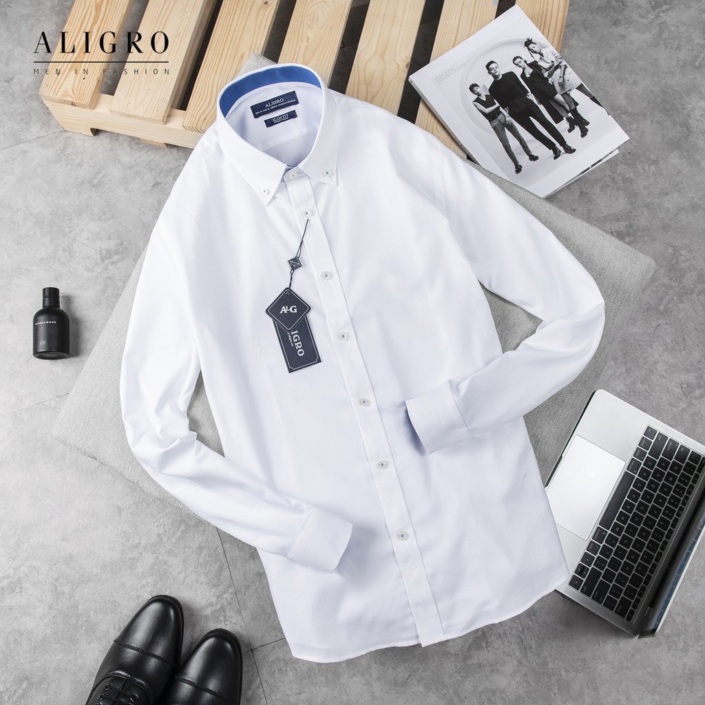 ÁO SƠ MI NAM TRẮNG DÀI TAY PHỐI CỔ XANH ALIGRO DÁNG SLIMFIT MÃ ALGS189