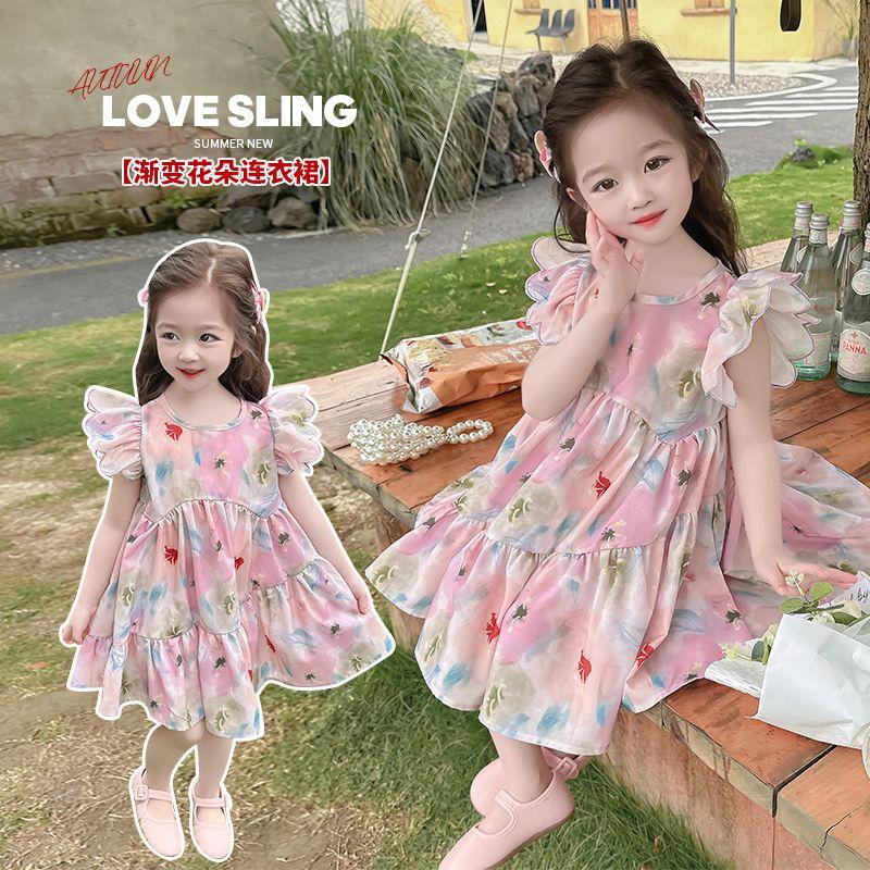 CHENGRUI Cô gái ăn mặc mùa hè 2023 lưới cô gái màu đỏ váy mùa hè thời trang trẻ em mùa hè váy công chúa