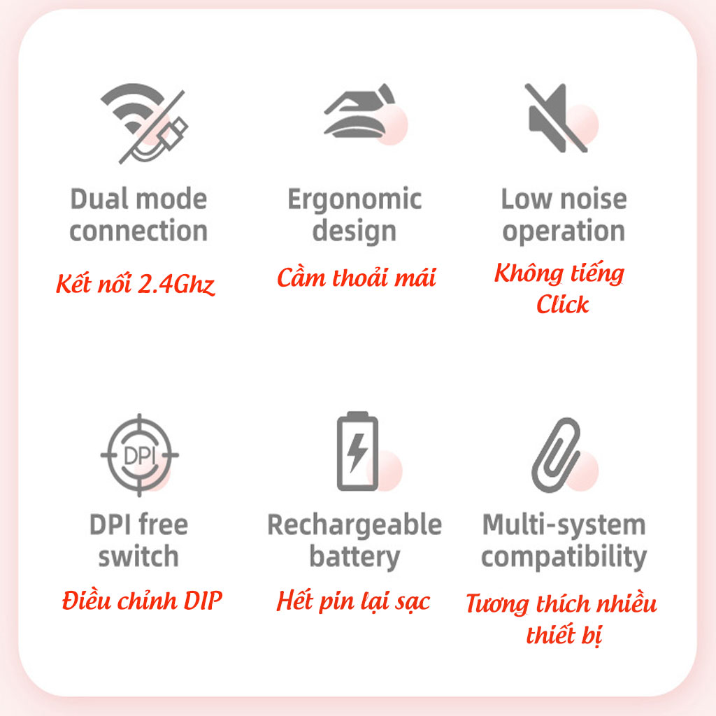 Chuột không dây HXSJ M107 wireless 2.4Ghz  sạc pin, chồng ồn, DIP1600 chuyên dùng cho máy tính, laptop, tivi - Hàng chính hãng