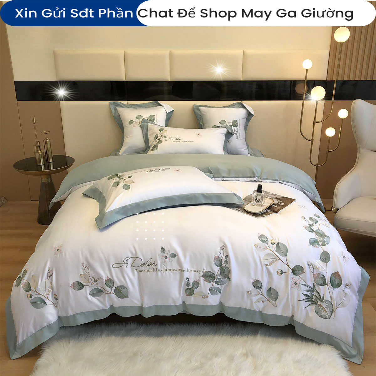 Bộ Chăn Ga Gối Đệm Phi Lụa Tencel Silk Green Lead Home ANNA NGUYÊN Bộ Chăn Ga 5 Món Drap Giường Phi Bóng Cao Cấp Chăn Chần Bông