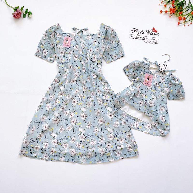 Váy Mẹ - Bé Tơ Lụa Hoa Xanh Bé Gái 4 Đến 28kg, Đầm Bé Gái Chất Tơ Lụa Nổi 2 Lớp