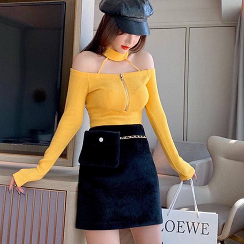 Áo dệt kim tay dài màu trơn thiết kế khoá kéo thanh lịch