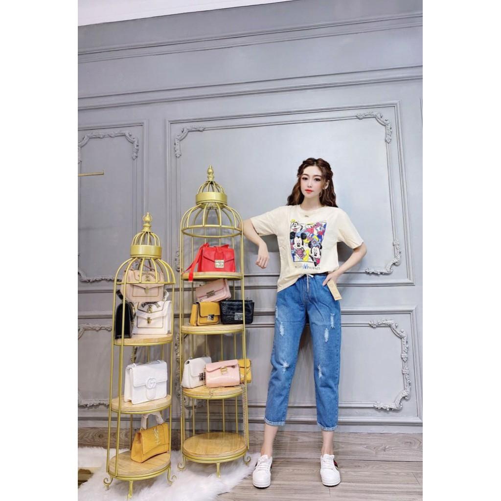 Quần jeans baggy rách dáng lửng ống xăn lai cao cấp màu xanh nhạt xanh đậm