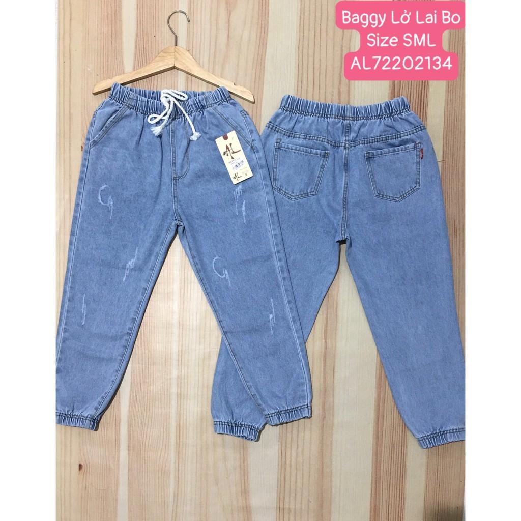 Quần jean baggy cào xước tua lai lưng thun mau xanh nhạt size 35-52kg