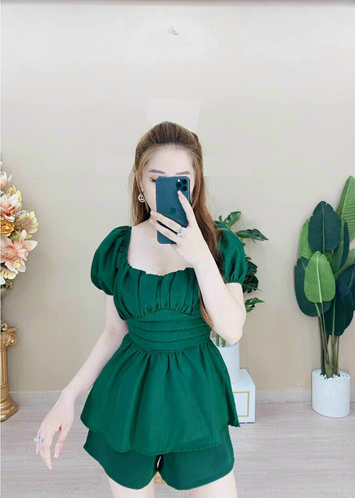 Set Bộ Áo Cổ Vuông Tay Phồng Bo Eo Duyên Dáng