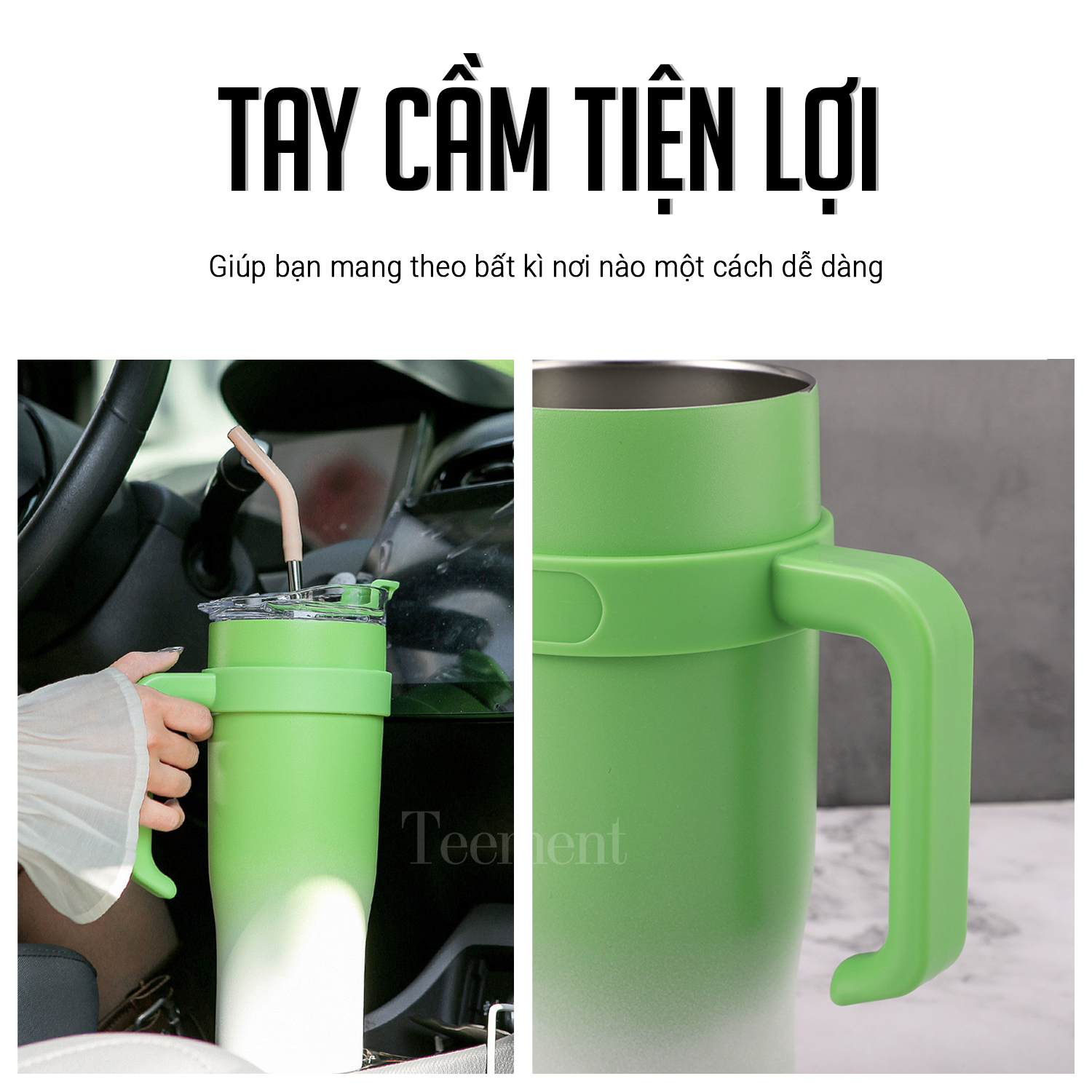 Ly Giữ Nhiệt Inox 304 Cao Cấp Teement - Tặng Kèm Ống Hút Không Gỉ, Ticker 3D, Bình Giữ Nhiệt Có Tay Cầm - Hàng Chính Hãng
