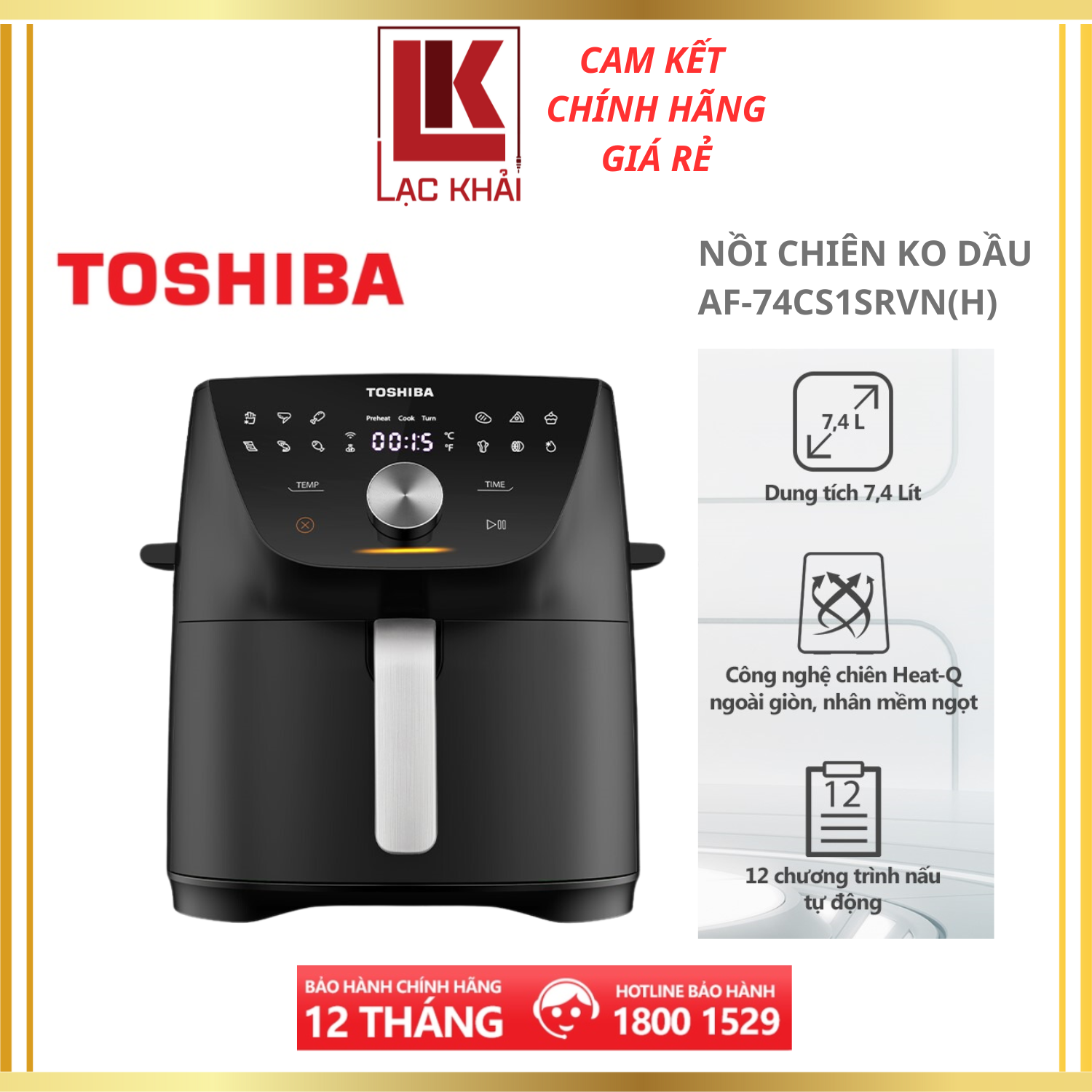 Nồi chiên không dầu Toshiba AF-74CS - Dung tích 7.4L, Điều khiển cảm ứng, 12 chương trình nấu - Hàng chính hãng