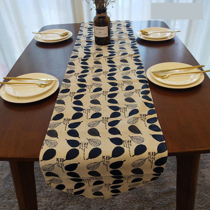 Khăn trải bàn table runner vải bố - Lá Bodhi xanh tím - mẫu E05