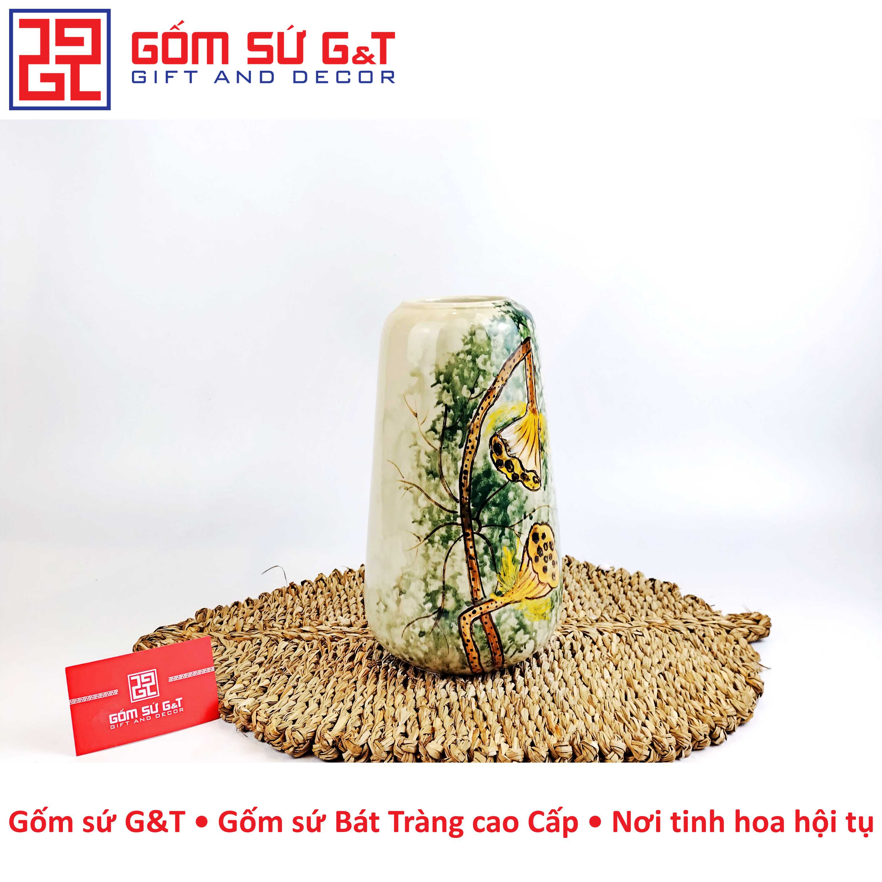 Lọ hoa dáng đu đủ vẽ đài sen Gốm Sứ G&amp;T