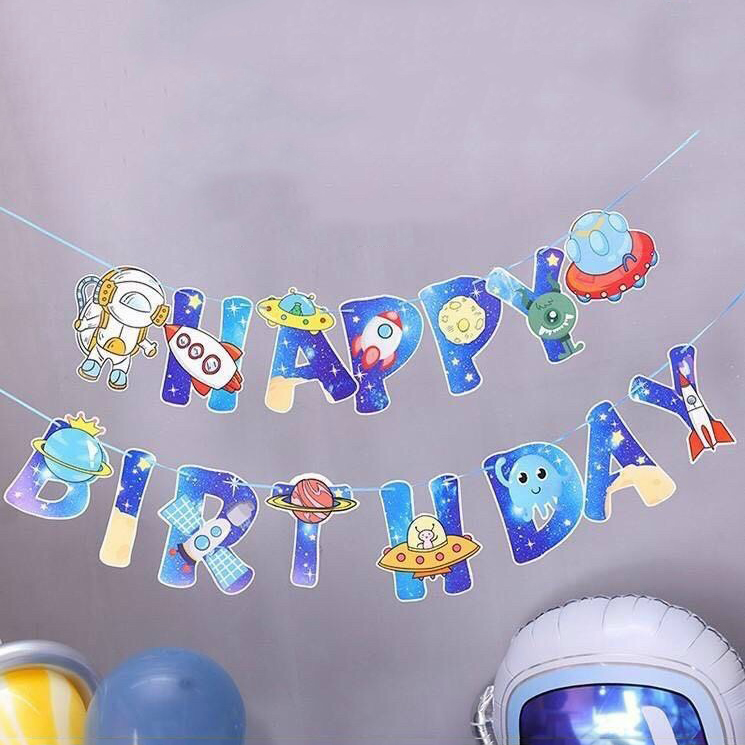 Dây treo trang trí Happy Birthday sinh nhật ép kim bé trai - Dây treo siêu nhân người nhện captain bossbaby tàu thuyền xe cộ vũ trụ