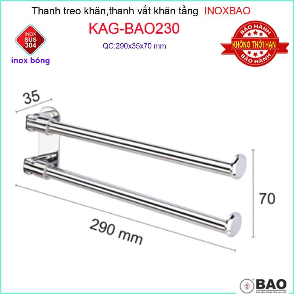 Thanh treo khăn 2 chia inox Inox Bảo KAG-BAO230, vắt khăn xoay 180 độ SUS304 tiện dụng linh hoạt gọn gàng