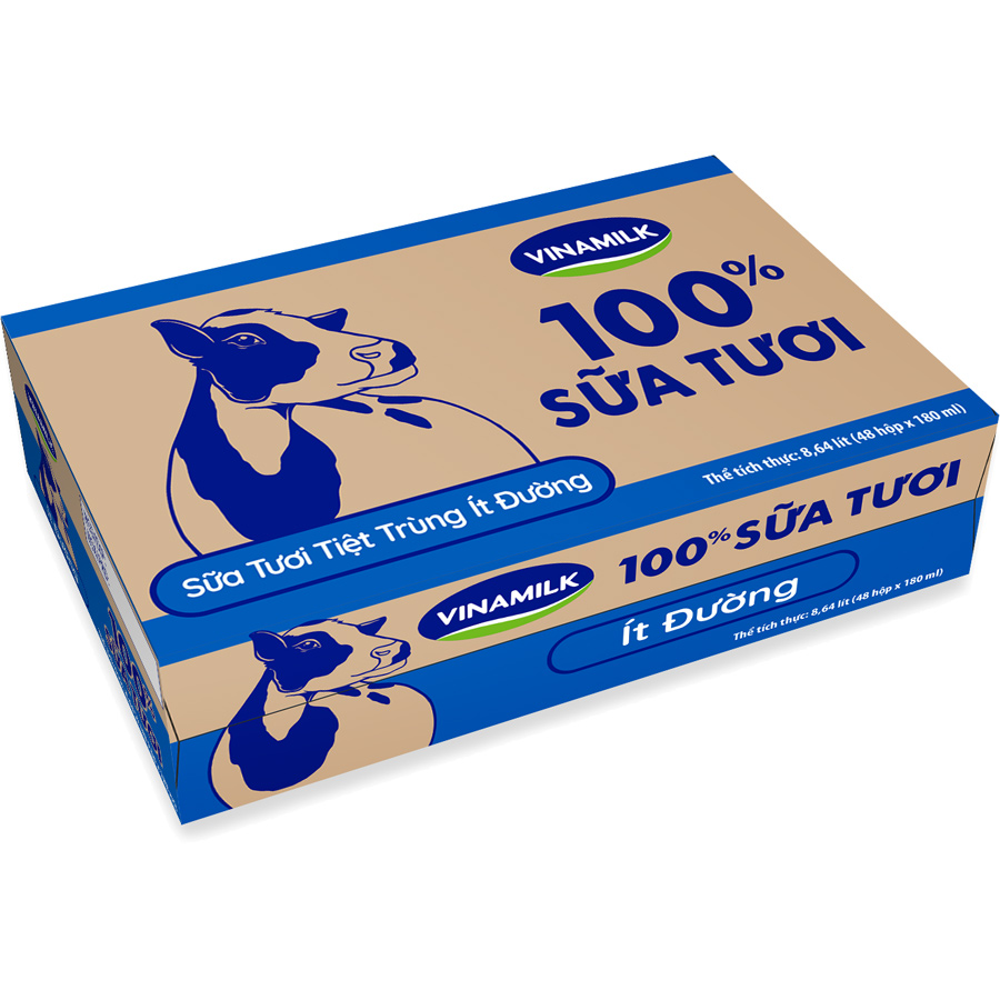 Thùng 48 Hộp Sữa Tươi Tiệt Trùng Vinamilk 100% Ít Đường (180ml)