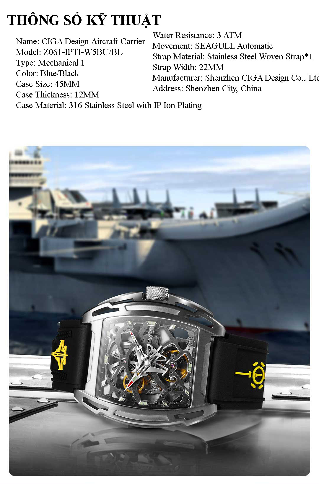 Đồng hồ cơ dành cho Nam Xiaomi Ciga Z Aircraft Carrier Z061-IPTI-W5BU/BK