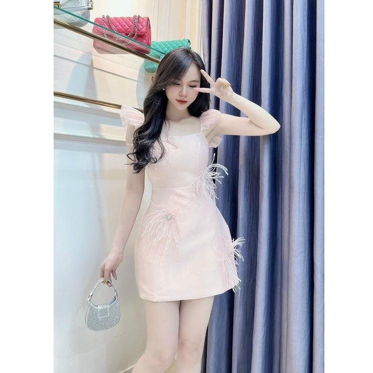 Đầm xoè dự tiệc đính lông cừu phối tay lưới cánh tiên