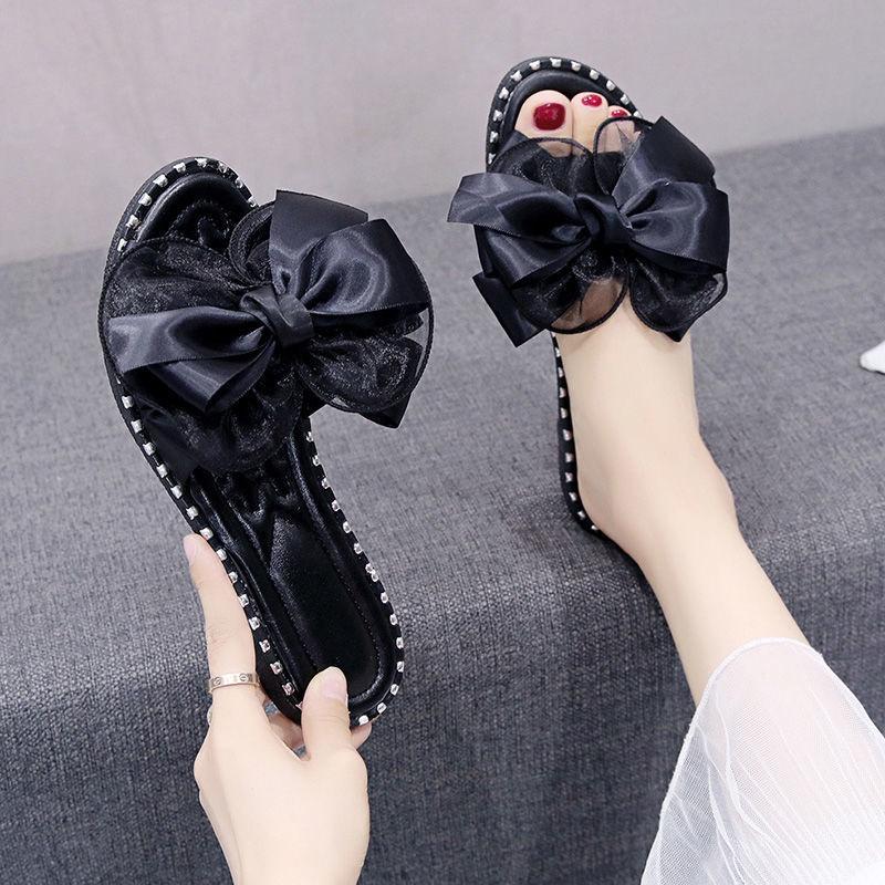 Slippers women wear 2022 summer new Korean version of students' bow tie one-word slippers flat-soled sandals