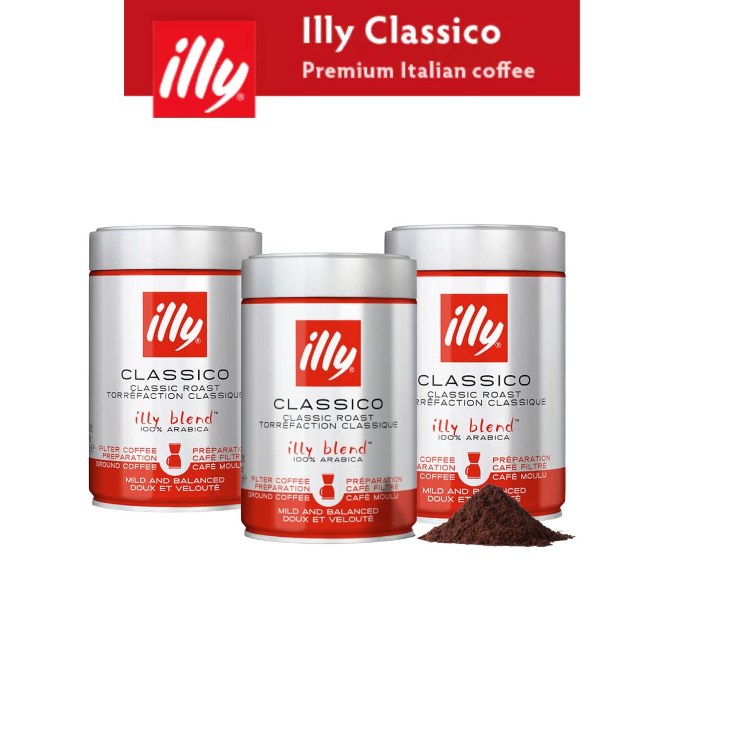 COMBO 3 LON CÀ PHÊ BỘT ILLY COFFEE FILTER CLASSICO ROAST – 250GR - NHẬP TỪ Ý - Date 31/01/2024