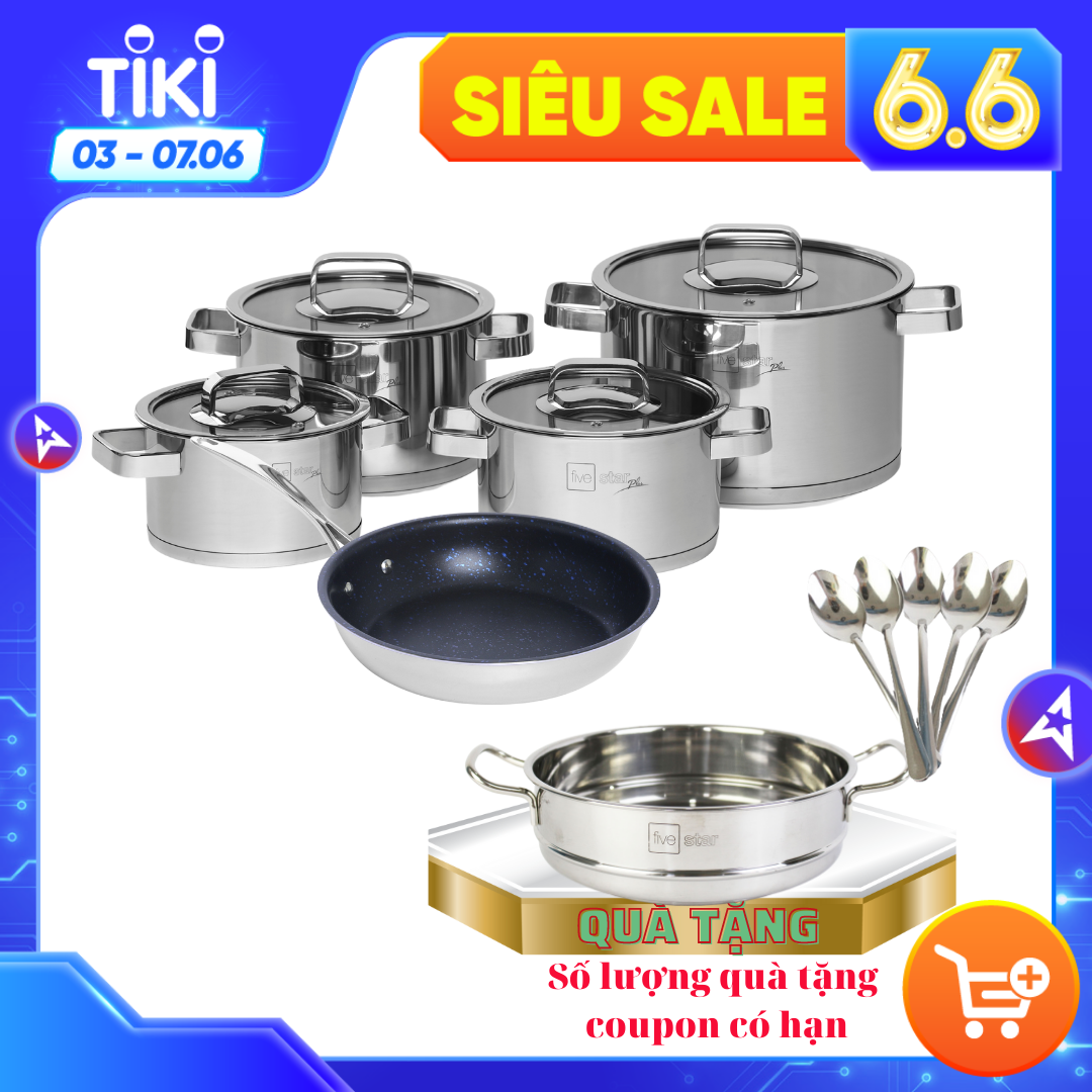 Bộ nồi và chảo chống dính vân đá inox 304 cao cấp Fivestar Plush 5 món nắp kính , tặng 10 muỗng ăn