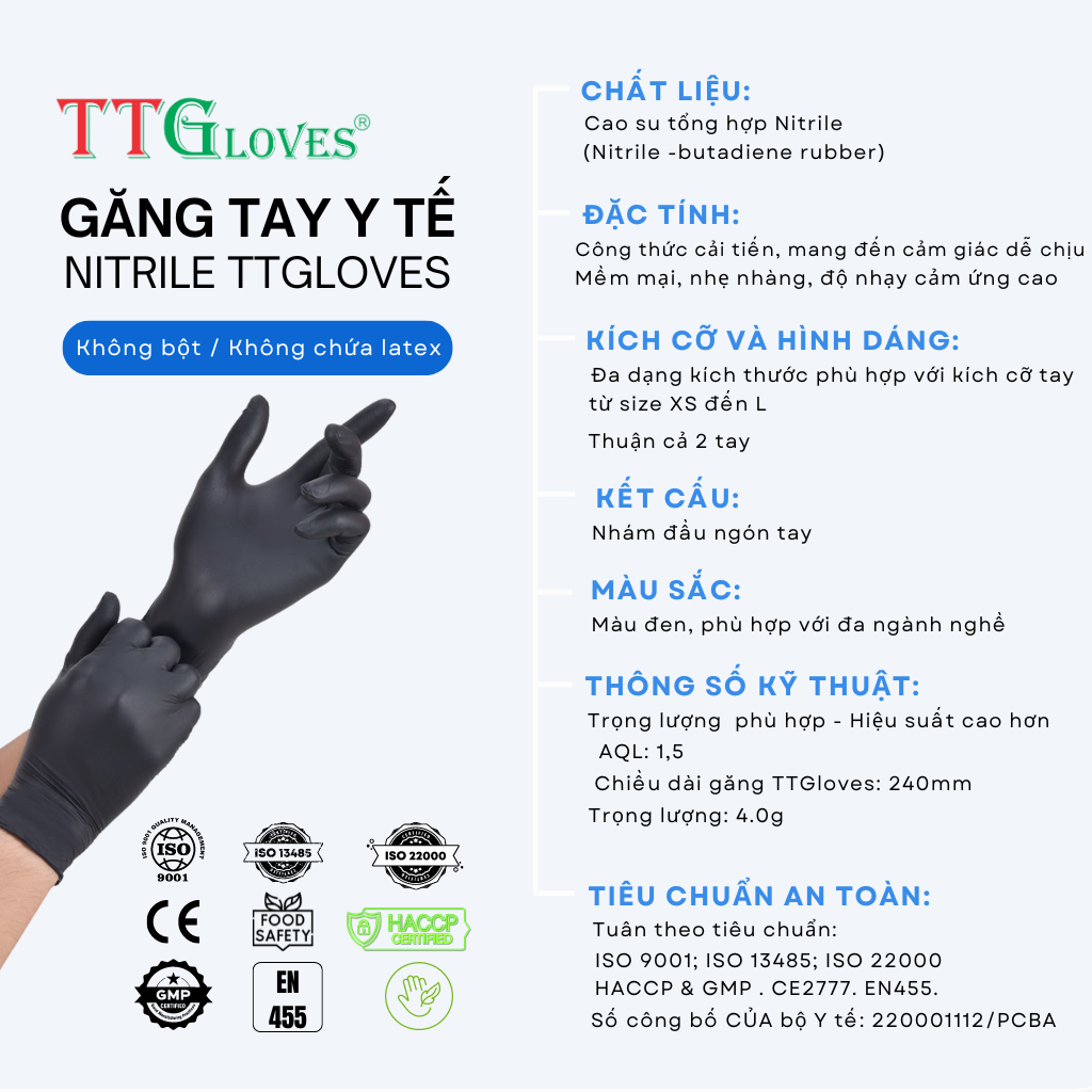 GĂNG TAY Y TẾ CAO CẤP NITRILE MÀU ĐEN TTGLOVES HỘP 100 CHIẾC (SIZE M)