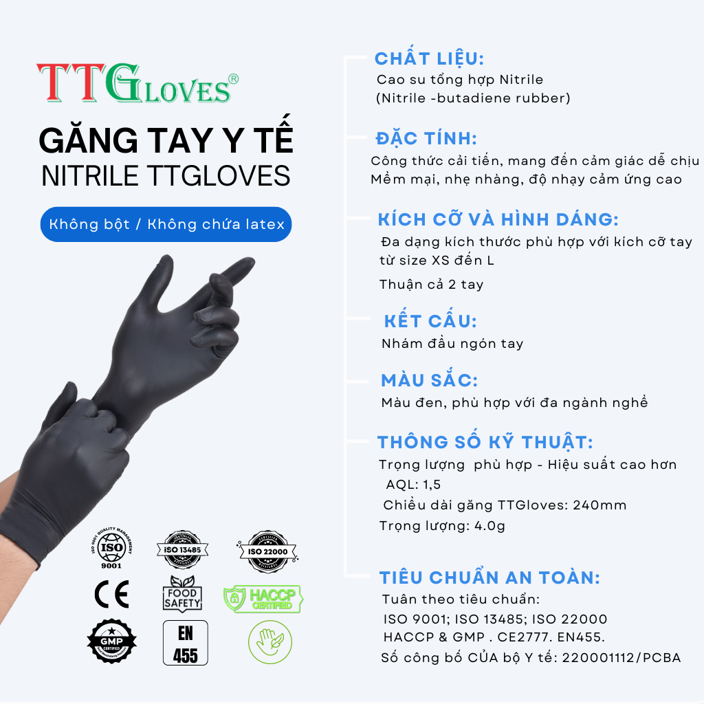 GĂNG TAY Y TẾ CAO CẤP NITRILE MÀU ĐEN TTGLOVES HỘP 100 CHIẾC (SIZE S)
